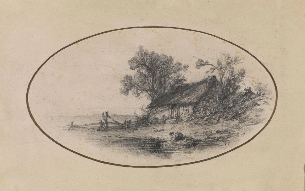 Paesaggio con donna che lava al fiume